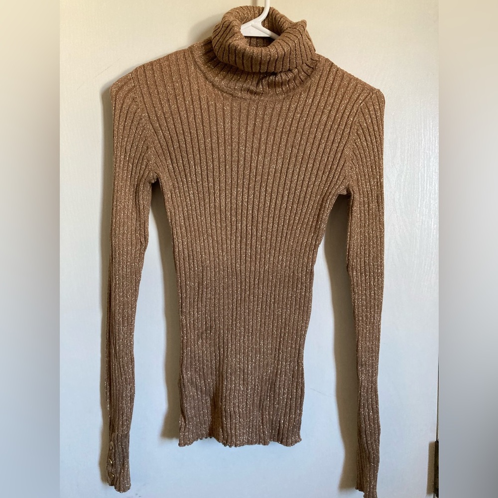 *Charter Club Gold Metallic Thread Long Sleeve Small Turtleneck Sweater #Bl